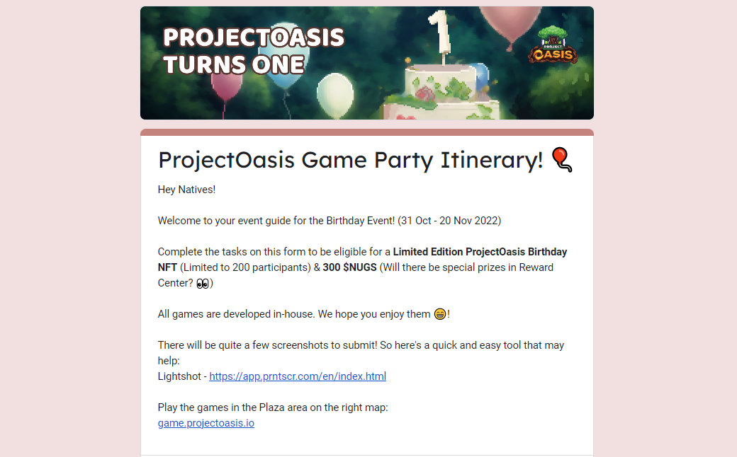 ProjectOasis 1st Birthday Event Schedule